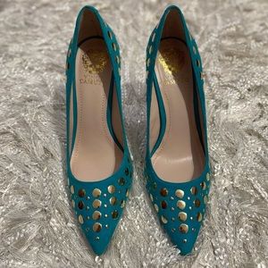 VINCE CAMUTO Blue Suede Pointed Toe Pumps with Gold Polka Dots